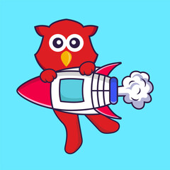 Cute bird flying on rocket. Animal cartoon concept isolated. Can used for t-shirt, greeting card, invitation card or mascot. Flat Cartoon Style