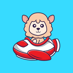 Cute sheep flying on a plane. Animal cartoon concept isolated. Can used for t-shirt, greeting card, invitation card or mascot. Flat Cartoon Style