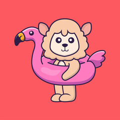 Cute sheep With flamingo buoy. Animal cartoon concept isolated. Can used for t-shirt, greeting card, invitation card or mascot. Flat Cartoon Style