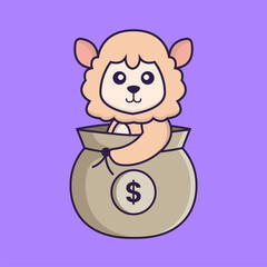 Cute sheep in a money bag. Animal cartoon concept isolated. Can used for t-shirt, greeting card, invitation card or mascot. Flat Cartoon Style