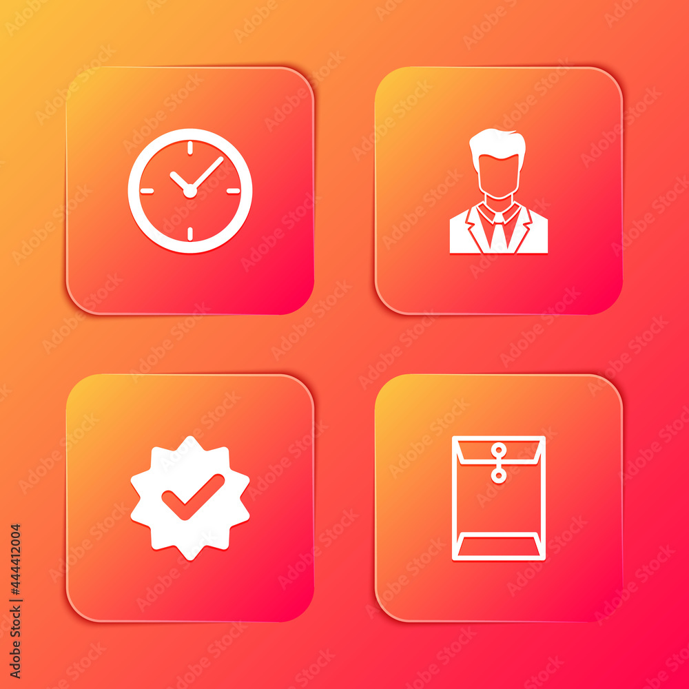 Poster set clock, user of man in business suit, approved and check mark and envelope icon. vector