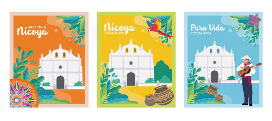 EDITABLE BANNERS/POSTERS for the Annexation of the Nicoya Party, Anexion a Nicoya, Iglesia de San Blas, Costa Rica Independence day, tourism, national symbols, folklore, cultural events (Vectors,EPS)