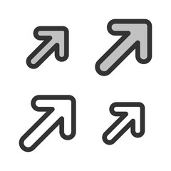 Pixel-perfect linear icon of right-upward direction arrow built on two base grids of 32x32 and 24x24 pixels. The initial line weight is 2 pixels. In two-color and one-color versions. Editable strokes