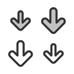 Pixel-perfect  linear  icon of down direction arrow  built on two base grids of 32 x 32 and 24 x 24 pixels for easy scaling. The initial base line weight is 2 pixels. In two-color and one-color versio