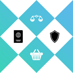 Set Passport, Shopping basket, Scales of justice and Shield icon. Vector