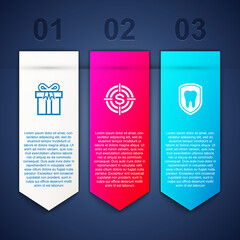 Set Gift box, Target with dollar and Dental protection. Business infographic template. Vector