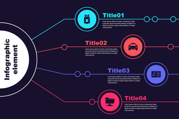 Set Bottles of wine, Police car and flasher, Music book with note and FTP folder. Business infographic template. Vector