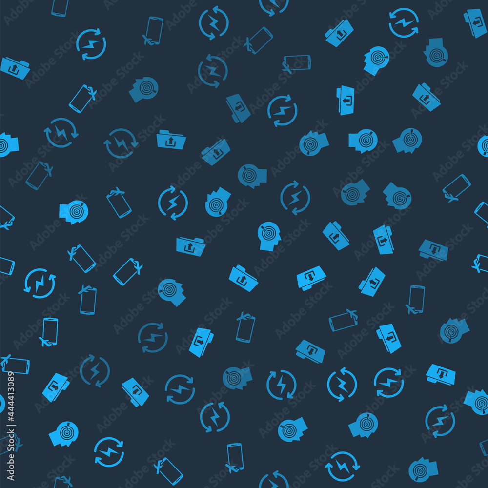 Poster set recharging, folder upload, head hunting concept and flight mode the mobile on seamless pattern. 