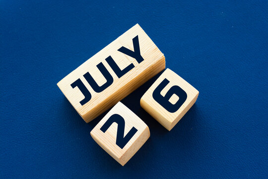 July 26th. Image of July 26, calendar on blue background. Summer time.