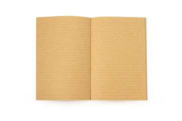 Open brown notebook on isolated white background