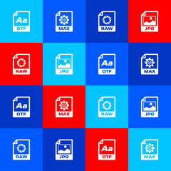 Set OTF file document, MAX, RAW and JPG icon. Vector