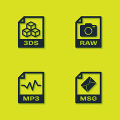 Set 3DS file document, MSG, MP3 and RAW icon. Vector