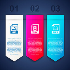 Set GIF file document, WAV and MP3. Business infographic template. Vector