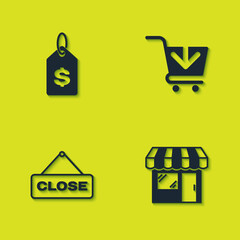 Set Price tag with dollar, Market store, Hanging sign Close and Add Shopping cart icon. Vector