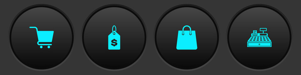 Set Shopping cart, Price tag with dollar, Handbag and Cash register machine icon. Vector