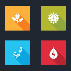 Set Electric saving plug in leaf, Solar energy panel, Signature and Water icon. Vector