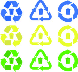 Set of recycling icons with dustbin in the center of blue, yellow and green color. Vector.