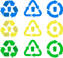 Set of recycling icons with dustbin in the center of blue, yellow and green color.