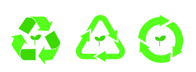 Obraz premium Set of green recycling icons with plant in the center. Vector.