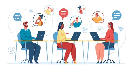 Call center office. Online customer support operator with headset talking with customer. Hotline or technical support specialists vector concept. Employees with laptops consulting clients