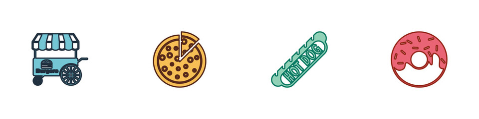 Set Fast street food cart, Pizza, Hotdog sandwich and Donut icon. Vector