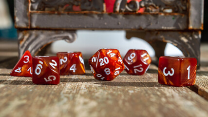 Set of marbled orange rpg dice