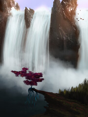 Fantasy landscape of a waterfall and a pink tree