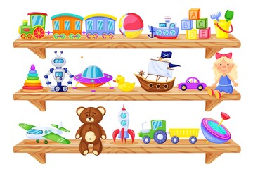 Toys on shelves. Cartoon wooden store shelf with kids toys baby doll, train, robot, teddy bear, rocket. Children plastic toy vector set. Nursery room with colorful objects for child game - obrazy, fototapety, plakaty
