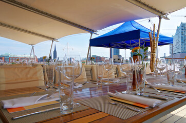 Terrace or patio or balcony on outdoor deck of luxury cruiseship cruise ship liner with deck...