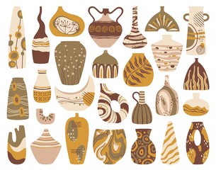 Ceramic vase. Modern handmade pottery with trendy abstract ornaments. Contemporary clay pots, earthenware jugs, porcelain vases vector set. Classic vessel, traditional culture design