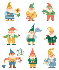 Cute gnome. Happy garden gnomes with watering can, shovel, flower. Fairytale dwarfs in hats. Flat cartoon fantasy elf dwarf character vector set with lantern and plants isolated on white
