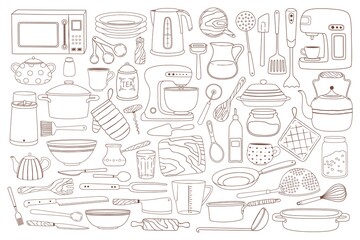 Doodle kitchenware. Hand drawn cooking and baking equipment pot, spoon, whisk, microwave, knives. Tableware, kitchen utensil doodles vector set. Tools and appliances for household chores