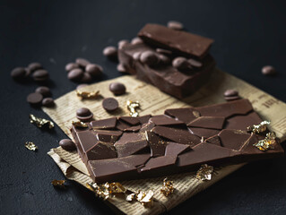 Homemade natural chocolate with edible gold on a black background. Exclusive handmade chocolate. Exclusive premium handmade chocolate.