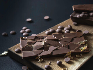 Homemade natural chocolate with edible gold on a black background. Exclusive handmade chocolate. Exclusive premium handmade chocolate.