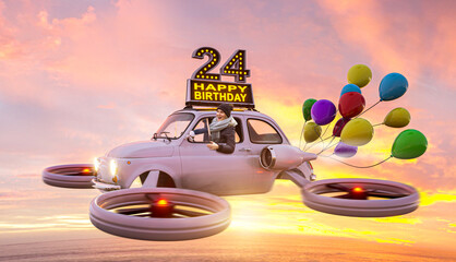 24 Jahre – Geburtstagskarte mit fliegendem Auto