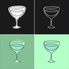 One line drawing vermouth glass on various background. Four types of images. Colored cartoon graphic sketch. Continuous line way. Hand drawn party drinks concept. Freehand drawing style