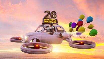 26 Jahre – Geburtstagskarte mit fliegendem Auto