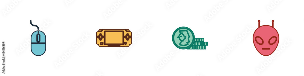 Aufkleber set computer mouse, portable video game console, coin for and alien icon. vector
