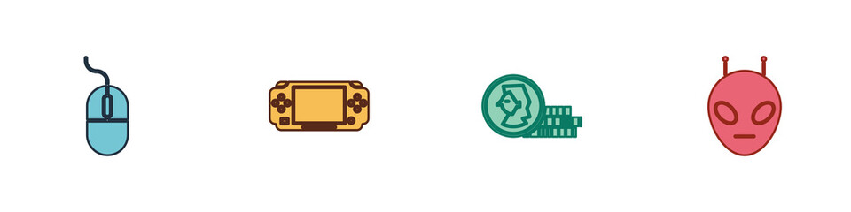 Set Computer mouse, Portable video game console, Coin for and Alien icon. Vector