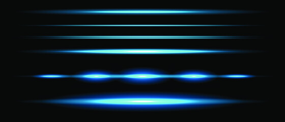 Blue horizontal lens flares pack. Laser beams, horizontal light rays. Beautiful light flares. Glowing streaks on dark background. Vector EPS 10.