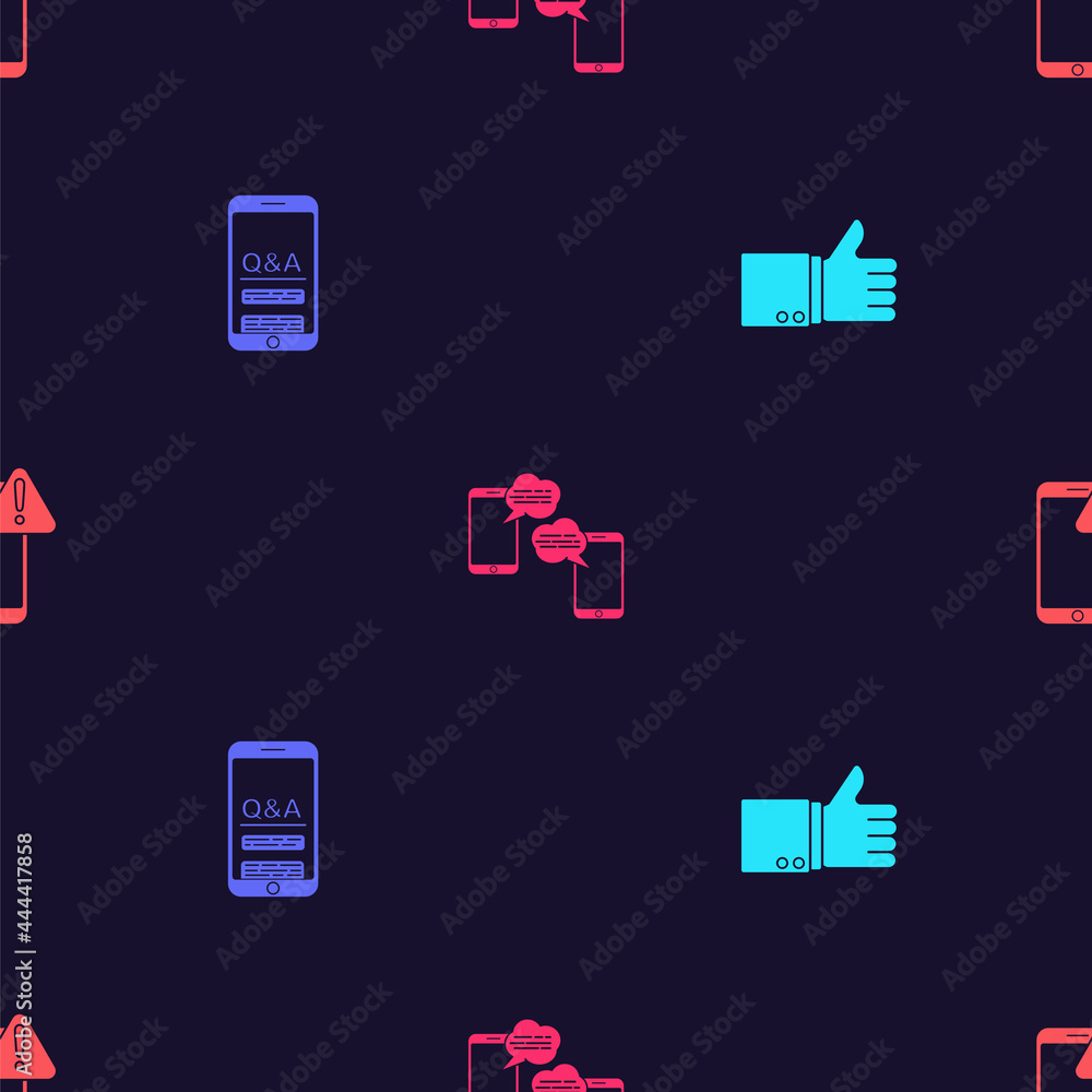Poster set hand thumb up, mobile question exclamation, chat messages mobile and with exclamation mark on se