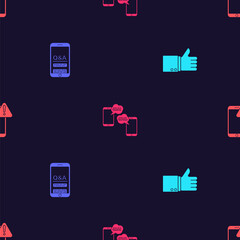 Set Hand thumb up, Mobile Question Exclamation, Chat messages mobile and with exclamation mark on seamless pattern. Vector