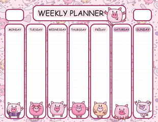 Vector template weekly planner. Funny piglets cartoons design.