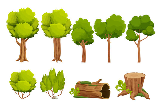 Forest nature elements landscape set with tree, stump, old trunk, bush, stone pile and moss in cartoon style isolated on white background. Ui assets, for computers game interface vector Illustrations
