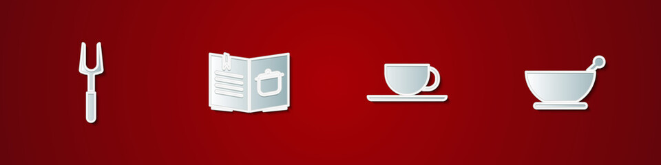 Set Barbecue fork, Cookbook, Coffee cup and Mortar and pestle icon. Vector