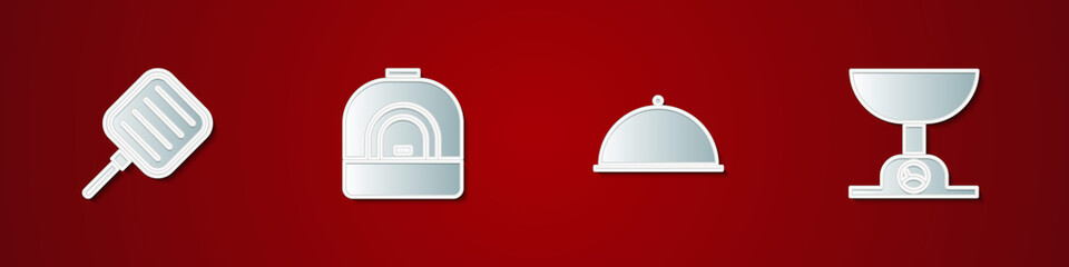 Set Frying pan, Oven, Covered with tray and Electronic scales icon. Vector