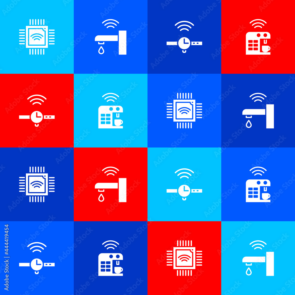 Poster set processor with microcircuits cpu, smart water tap, smartwatch and coffee machine icon. vector