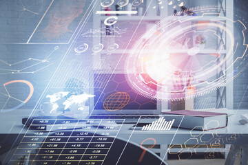 Double exposure of data theme drawing and office interior background. Concept of technology.