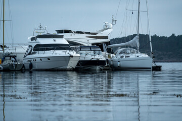 Marina with sailboats and power boats docking during a summers evening.
