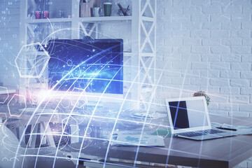 Multi exposure of world map drawing and office interior background. Concept of international network.